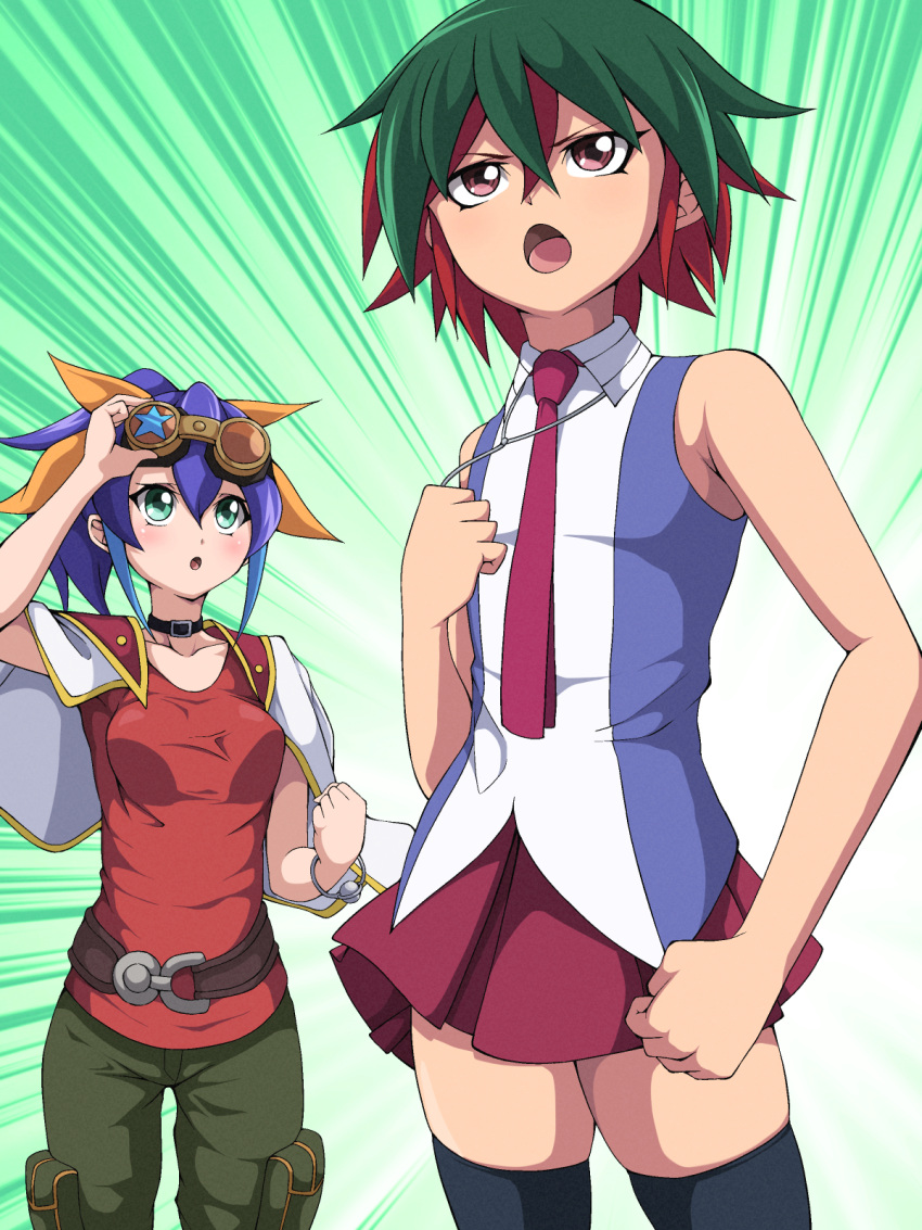 1boy, 1girl, ahoge, belt, blue_hair, bracelet, crossdressinging, goggles, goggles_on_head, green_eyes, green_hair, highres, hiiragi_yuzu, hiiragi_yuzu_(cosplay), jacket_on_shoulders, jewelry, multicolored_hair, nanashi_maru, necktie, pendant, red_eyes, redhead, sakaki_yuuya, sakaki_yuuya_(cosplay), serena_(yuu-gi-ou_arc-v), skirt, sleeveless, thigh-highs, two-tone_hair, yuu-gi-ou, yuu-gi-ou_arc-v, zettai_ryouiki
