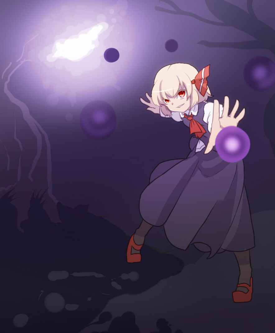 1girl, ascot, bare_tree, blonde_hair, collared_shirt, colored_eyelashes, danmaku, darkness
