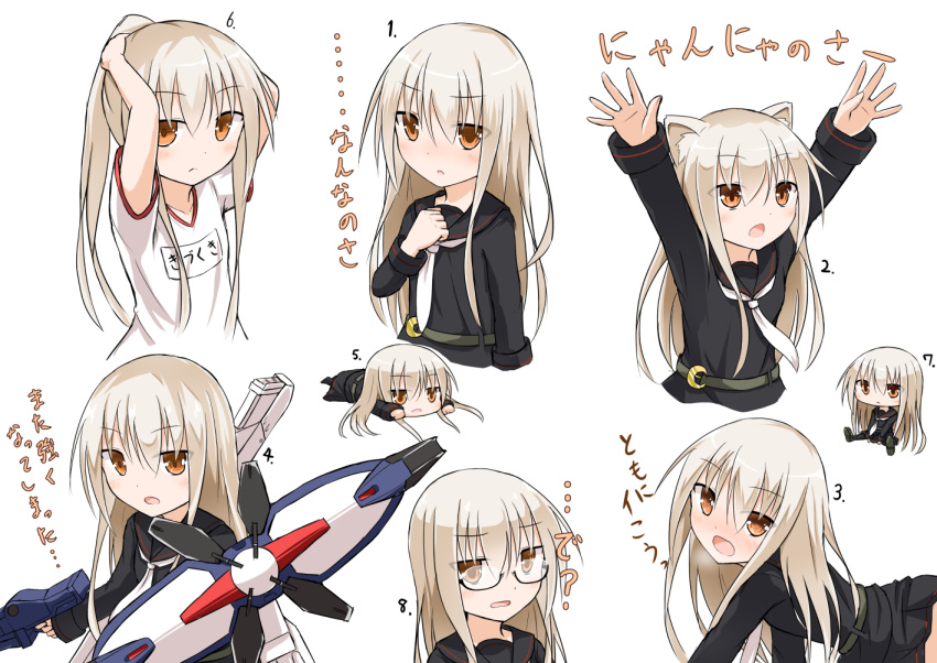 1girl, after_war_gundam_x, alternate_costume, animal_ears, black_serafuku, black_skirt, blush, brown_eyes