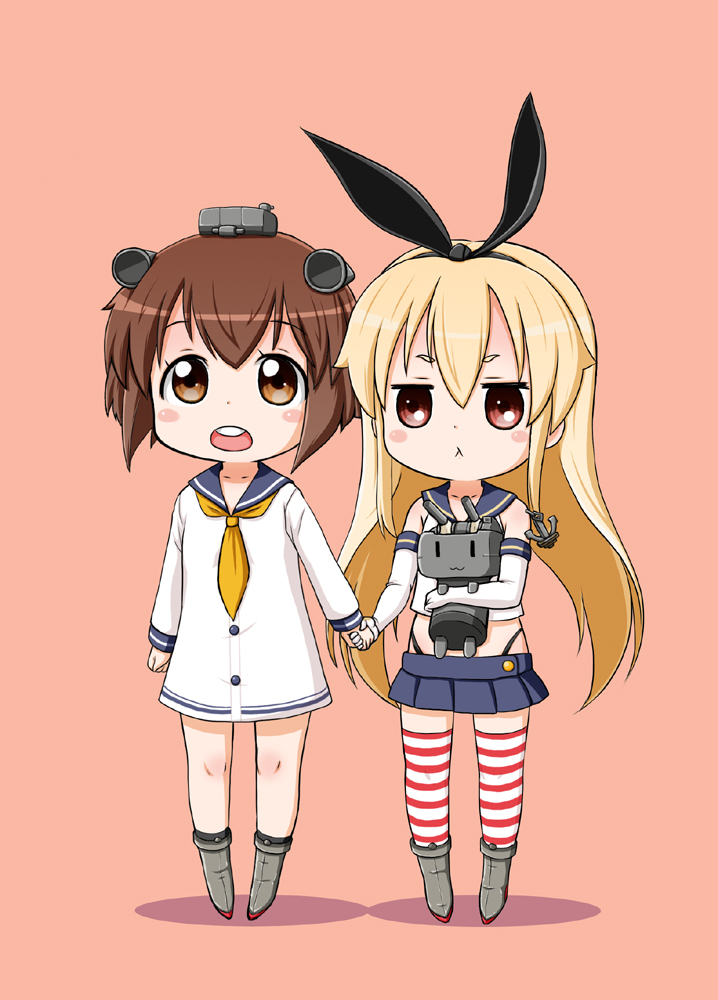 2girls, :<, :3, anchor_hair_ornament, blonde_hair, blush_stickers, brown_eyes, brown_hair