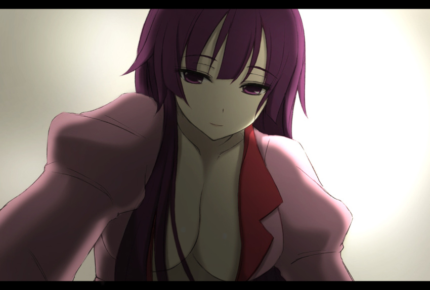 breasts, cleavage, long_hair, monogatari_(series), no_bra, open_clothes, open_shirt, purple_eyes