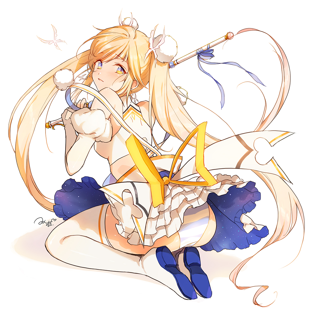 1girl, anz_(starry), ass, bare_shoulders, blonde_hair, blue_eyes, hair_bun, looking_at_viewer