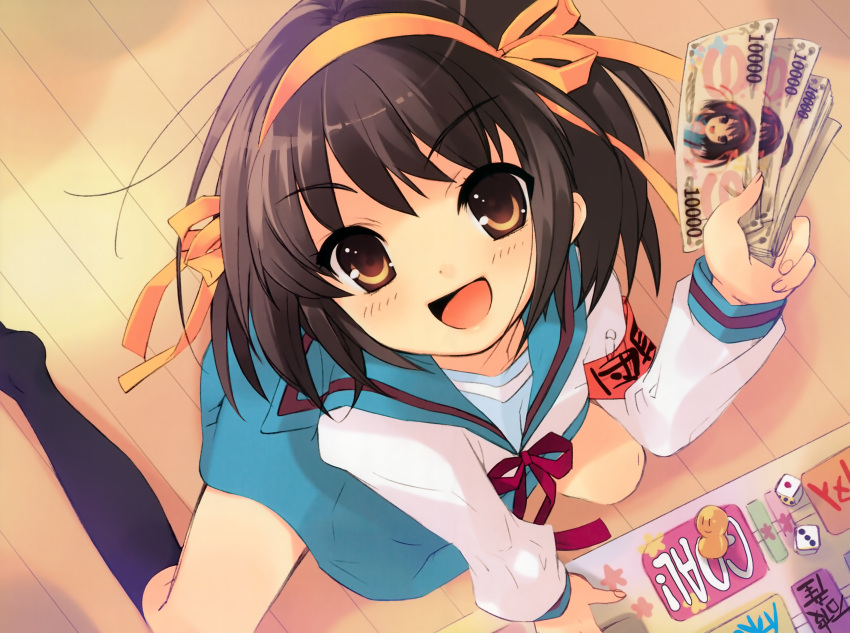 1girl, angry, board_game, brown_eyes, brown_hair, dice, figurine, itou_noiji, kadokawa_shoten, kyoto_animation, looking_at_viewer, monopoly, official_art, scan, seifuku, smile, solo, suzumiya_haruhi, suzumiya_haruhi_no_yuuutsu, tagme, ticket