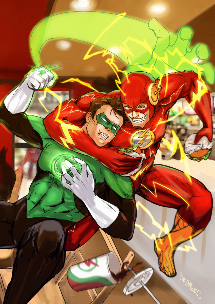 arm_around_neck, barry_allen, baz_neko, blurry, dc_comics, depth_of_field, food, green_lantern