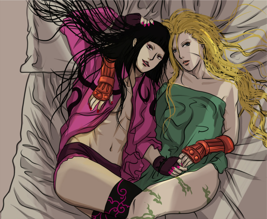 2girls, abs, bed_sheet, black_hair, blonde_hair, blue_eyes, cammy_white, fingerless_gloves, gloves, hair_down, han_juri, holding_hands, lips, long_hair, lying, messy_hair, multiple_girls, nail_polish, naked_sheet, on_back, on_bed, open_clothes, open_shirt, panties, purple_panties, scar, shirt, sipisuri, small_breasts, spooning, street_fighter, thigh-highs, underwear, violet_eyes, yuri