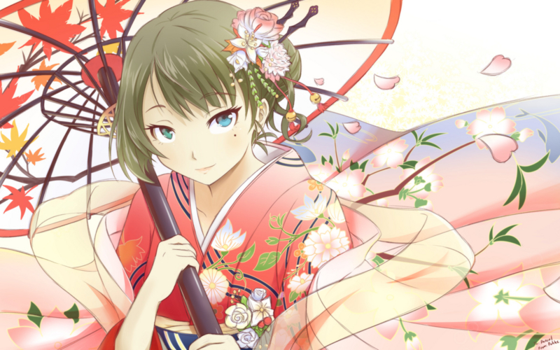 1girl, blue_eyes, brown_hair, floral_print, flower, green_eyes, hair_flower, hair_ornament