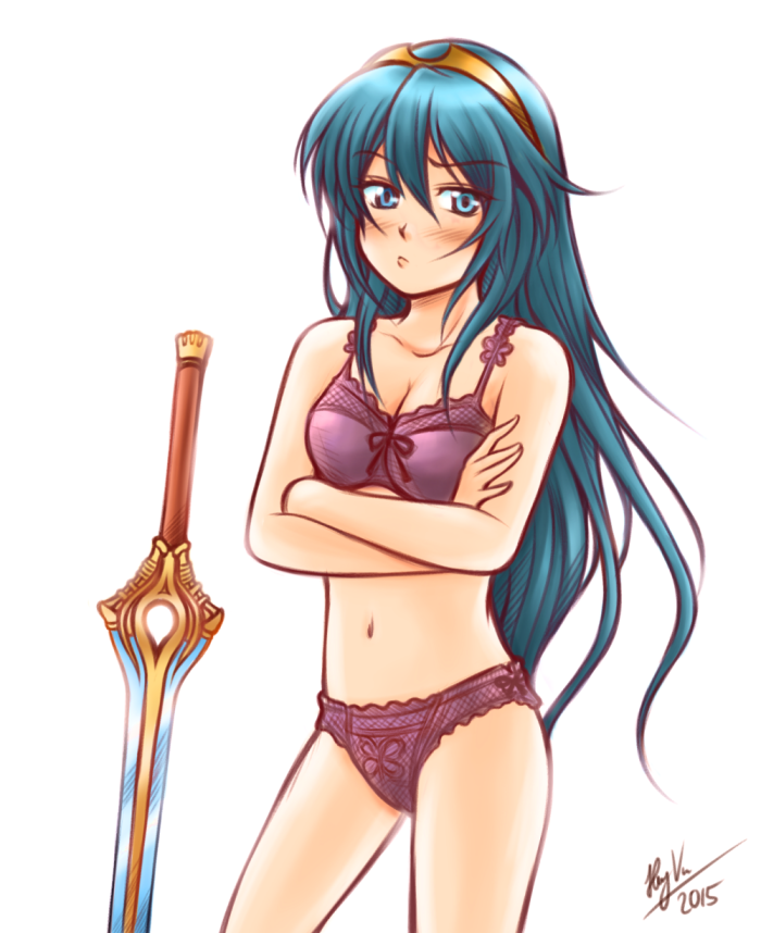 1girl, 2015, blue_eyes, blue_hair, blush, bra, cowboy_shot, crossed_arms, fire_emblem, fire_emblem:_kakusei, long_hair, lucina, navel, panties, pink_bra, pink_panties, serious, solo, swimsuit, sword, tacoyaki, tiara, underwear, underwear_only, weapon