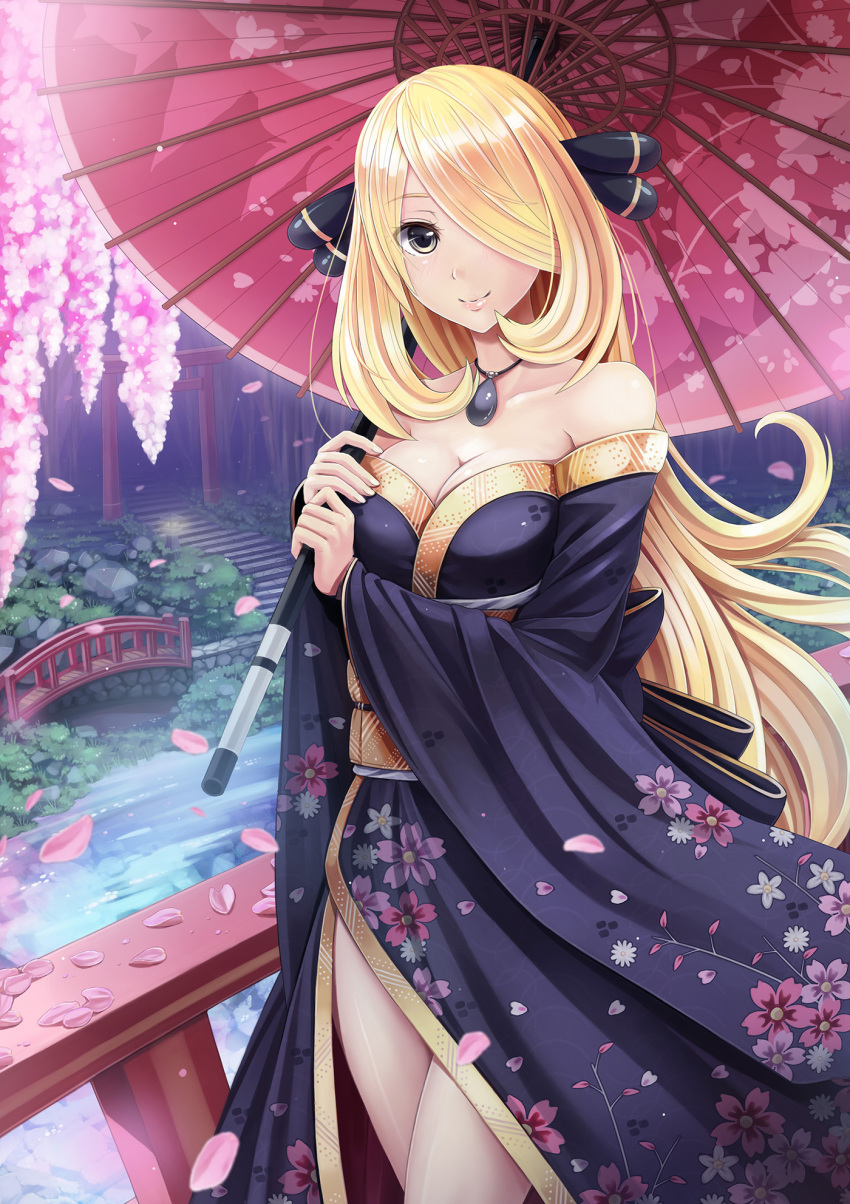1girl, alternate_costume, blonde_hair, breasts, bridge, cherry_blossoms, cleavage, floral_print