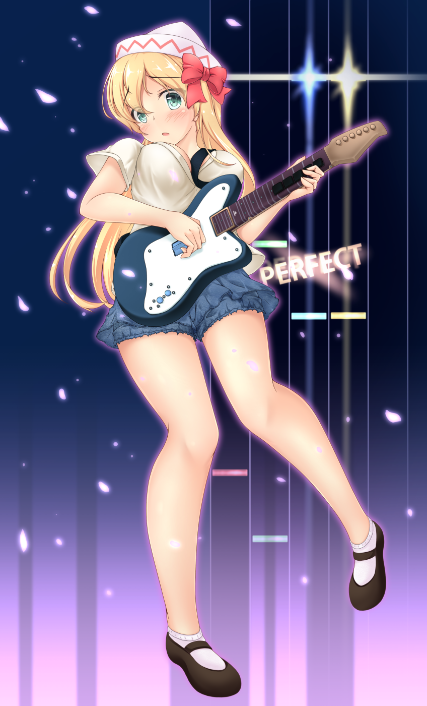 1girl, :o, alternate_costume, bare_legs, blonde_hair, blush, bobby_socks, bouncing_breasts