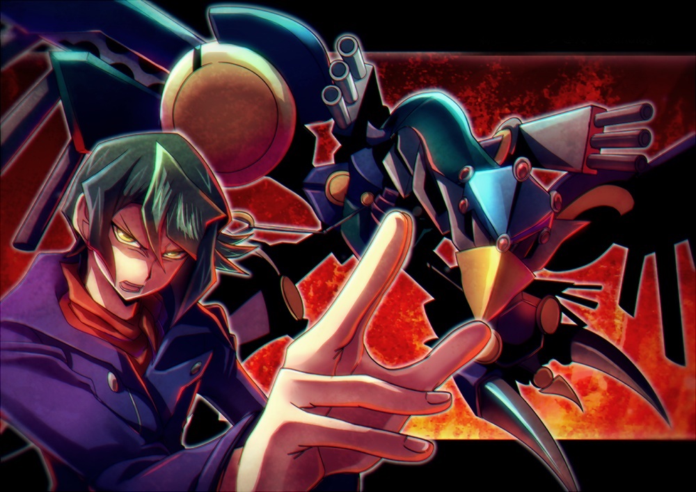 1boy, ascot, bird, blue_hair, coat, duel_monster, foreshortening, kurosaki_shun, letterboxed, male_focus, raidraptor_-_rise_falcon, robot, yellow_eyes, yuu-gi-ou, yuu-gi-ou_arc-v, zeke_(analogmon)