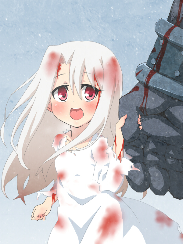 1girl, berserker, blood, dress, fate/stay_night, fate_(series), holding_hands, illyasviel_von_einzbern, long_hair, rags, red_eyes, size_difference, snow, solo_focus, white_dress, white_hair, yaya_(20090410)