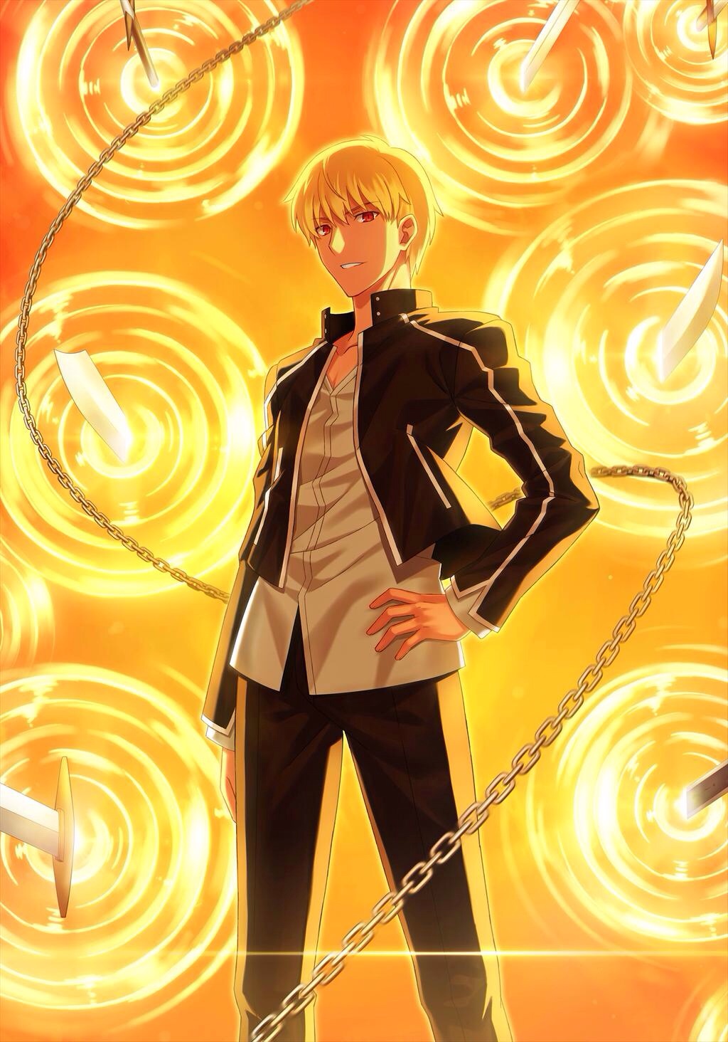 1boy, blonde_hair, chain, earrings, fate/stay_night, fate_(series), fuyuki_(neigedhiver), gate_of_babylon, gilgamesh, highres, jewelry, red_eyes, solo, swor