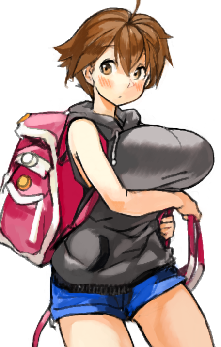 1girl, ahoge, backpack, bag, blush, breast_hold, breasts, brown_eyes