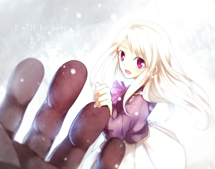 1girl, achiba, berserker, fate/stay_night, fate_(series), holding_hands, illyasviel_von_einzbern, long_hair, red_eyes, size_difference, snow, snowing, solo_focus, white_hair