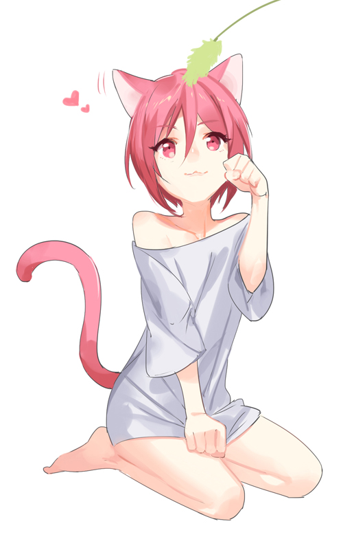 1boy, :3, animal_ears, cat_ears, cat_tail, free!, heart, male_focus, matsuoka_rin, naked_shirt, paw_pose, red_eyes, redhead, shirt, short_hair, siruphial, smile, solo, tail
