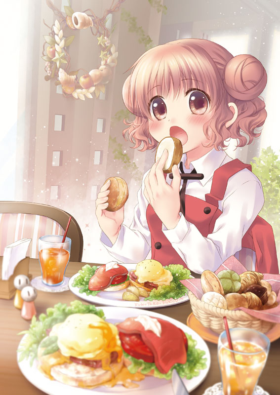 1girl, basket, blush, bread, brown_hair, double_bun, eating, eggs_benedict