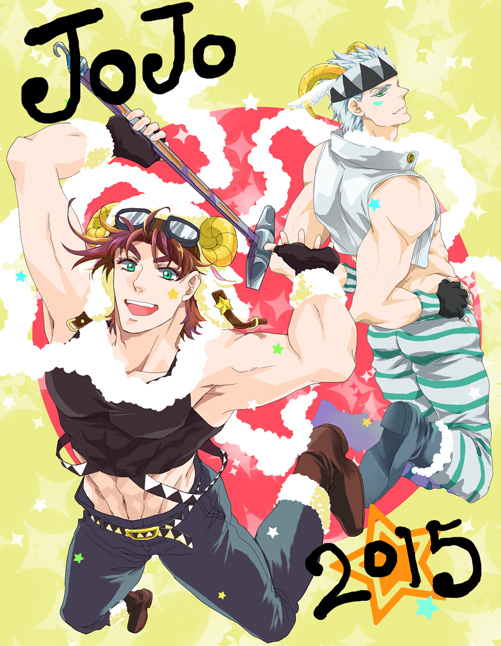 2boys, brown_hair, caesar_anthonio_zeppeli, feather_boa, fingerless_gloves, gloves, goggles, goggles_on_head