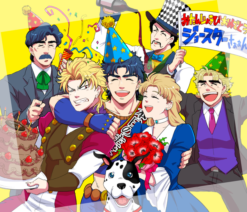1girl, 5boys, black_hair, blonde_hair, blue_hair, confetti, danny_(jojo), dio_brando