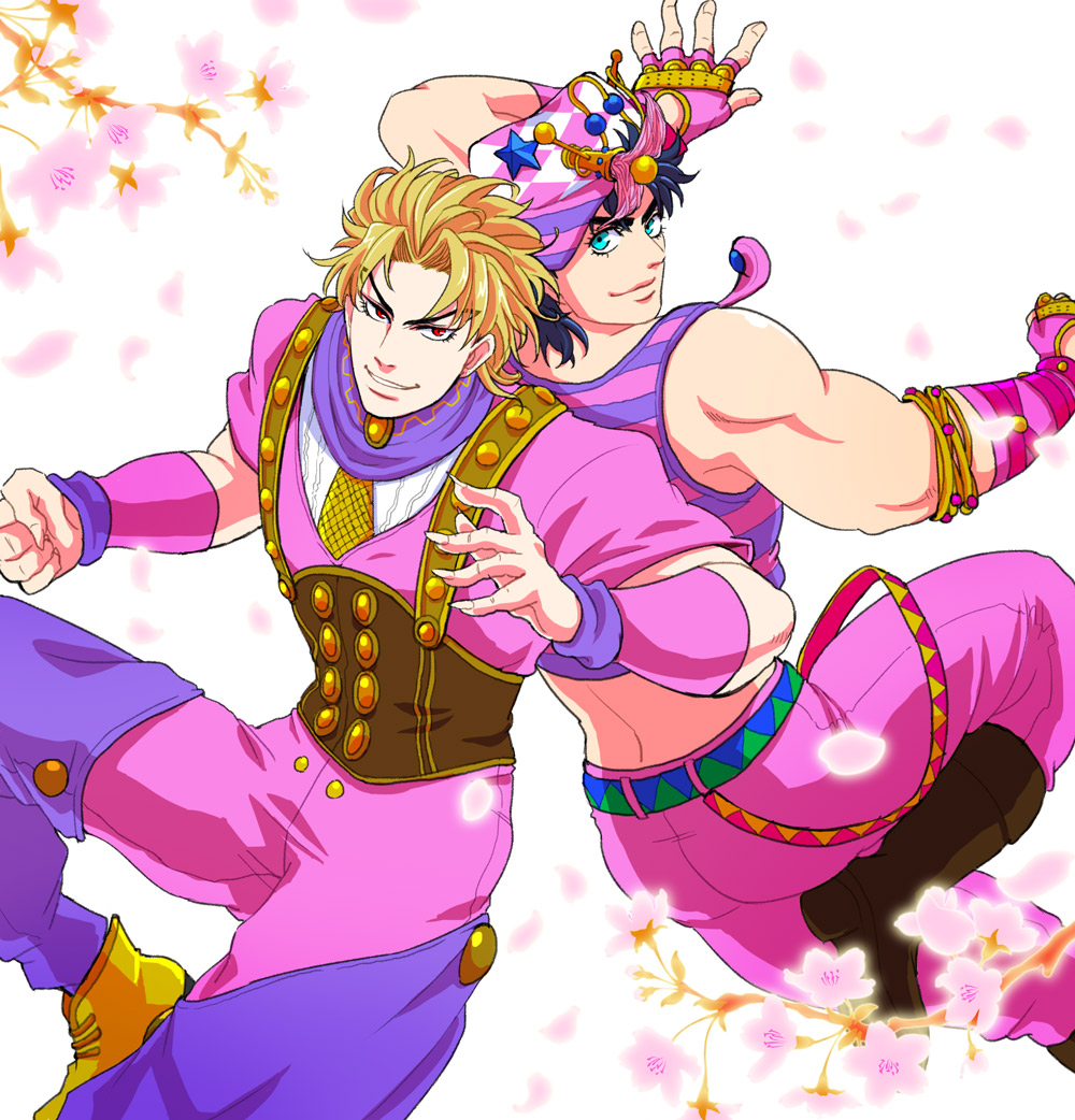 2boys, blonde_hair, blue_eyes, blue_hair, claws, dio_brando, fingerless_gloves, fingernails