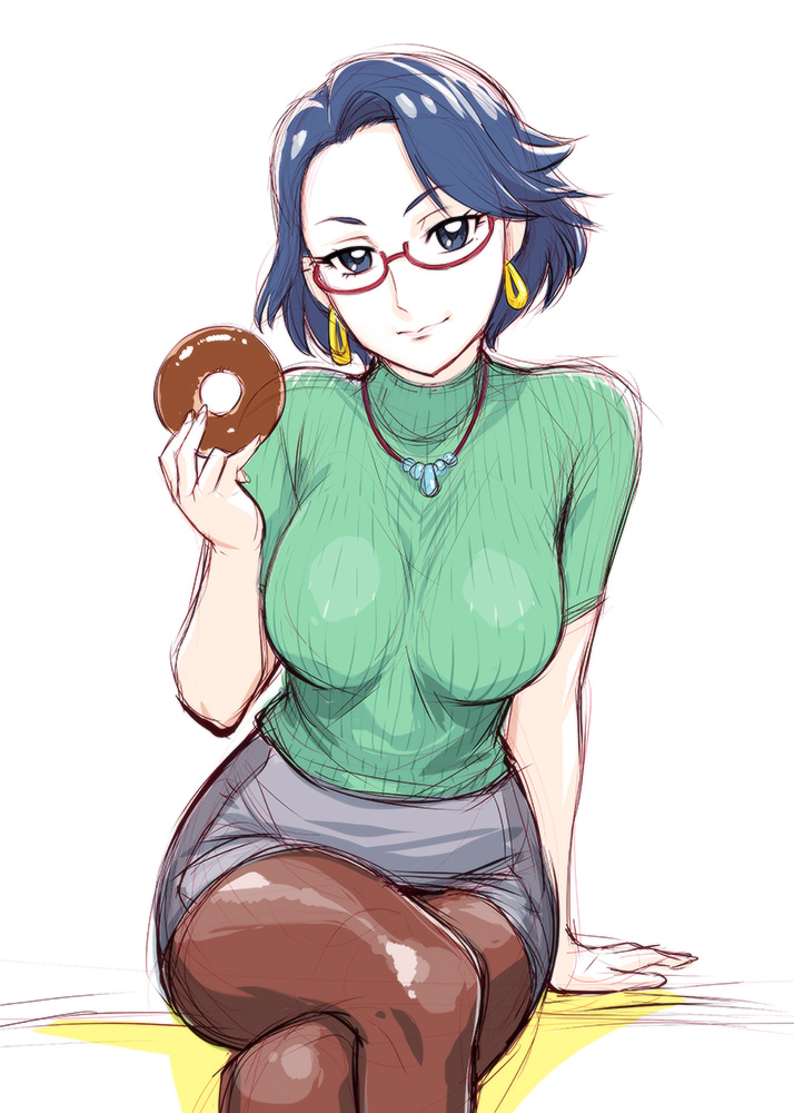 black_eyes, black_legwear, blue_hair, breasts, crossed_legs, doughnut, earrings, food