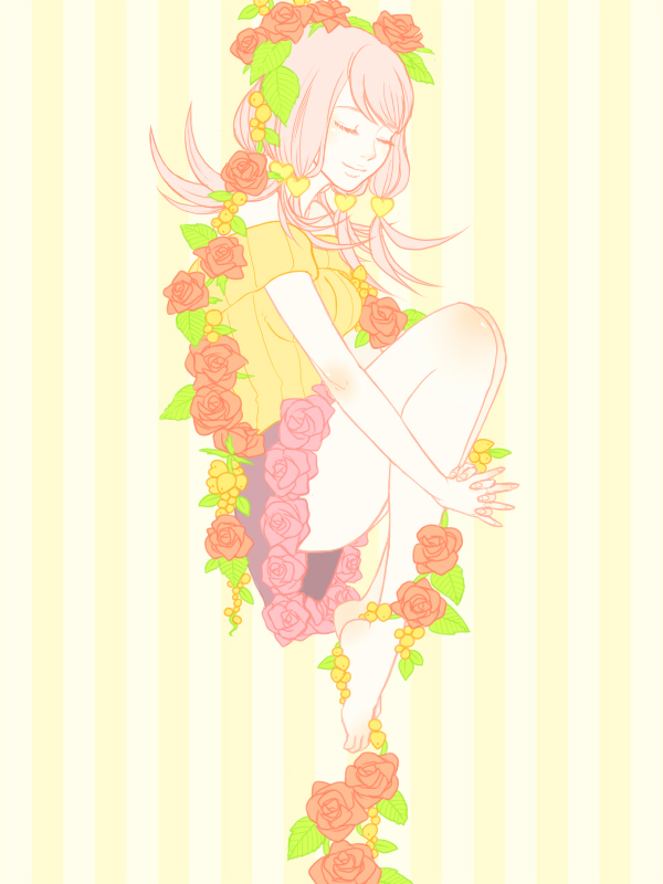 closed_eyes, fetal_position, flower, flower_skirt, hirose_yasuho, jojo_no_kimyou_na_bouken, jojolion, no_shoes