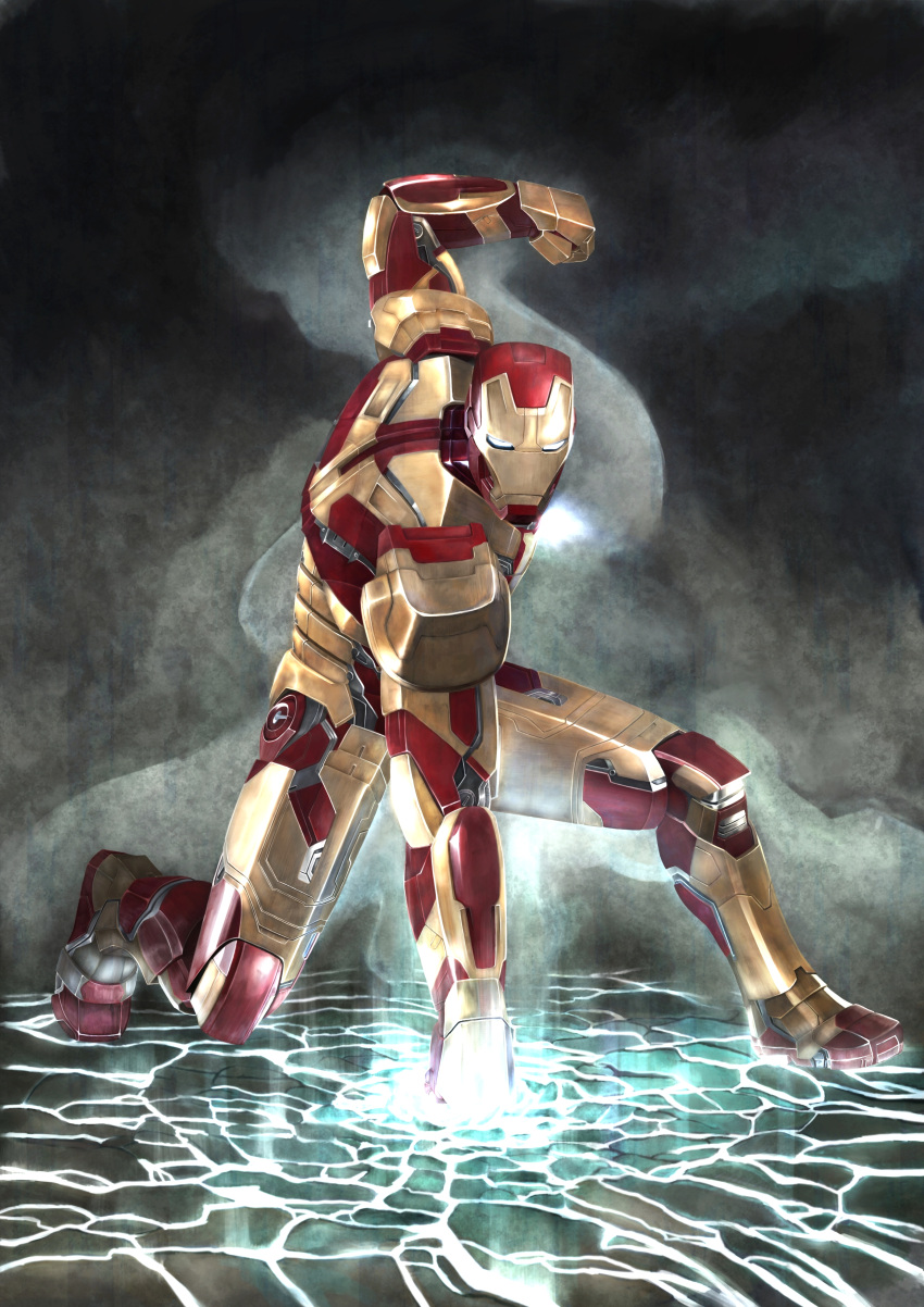 absurdres, clenched_hand, glowing, highres, iron_man, kneeling, looking_at_viewer, marvel, power_armor, realistic, tetsuo_(huvac-akiro)