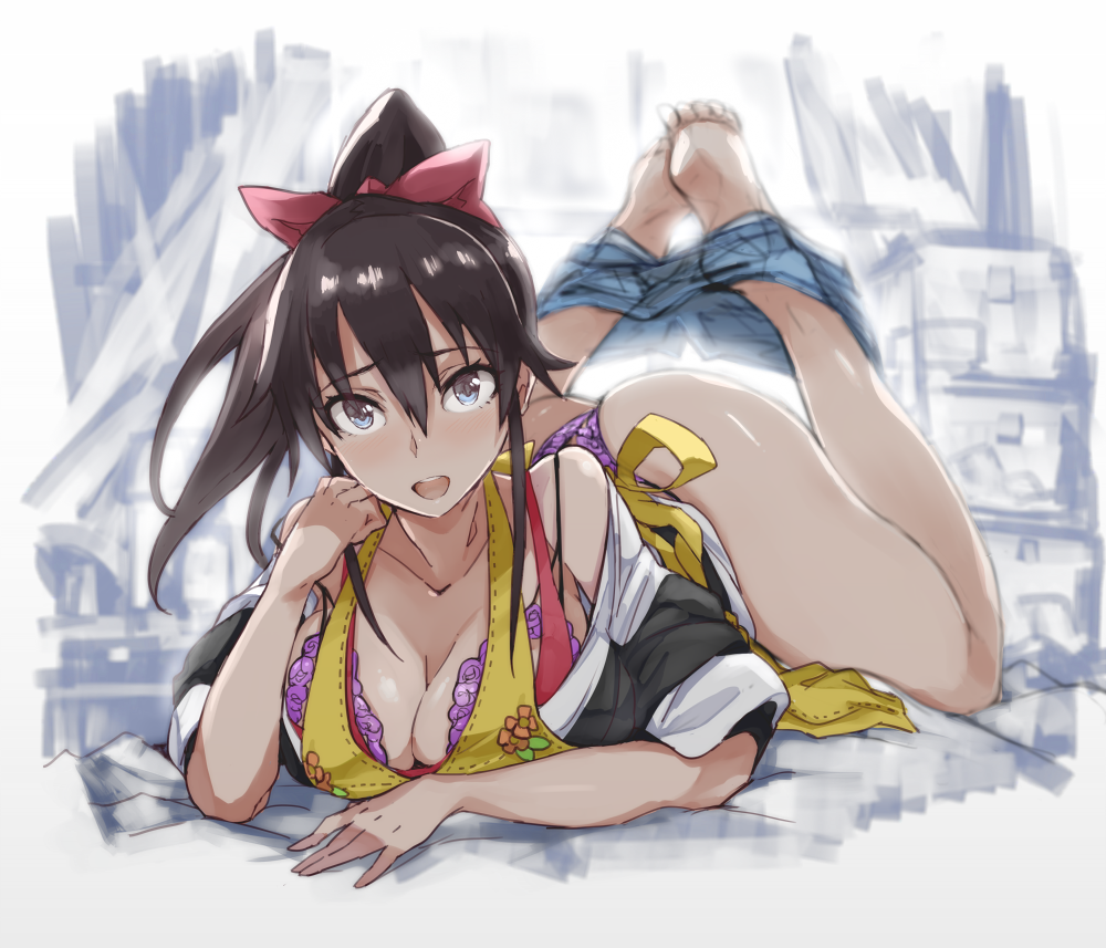 1girl, :d, apron, ass, blue_eyes, blush, bra, breasts