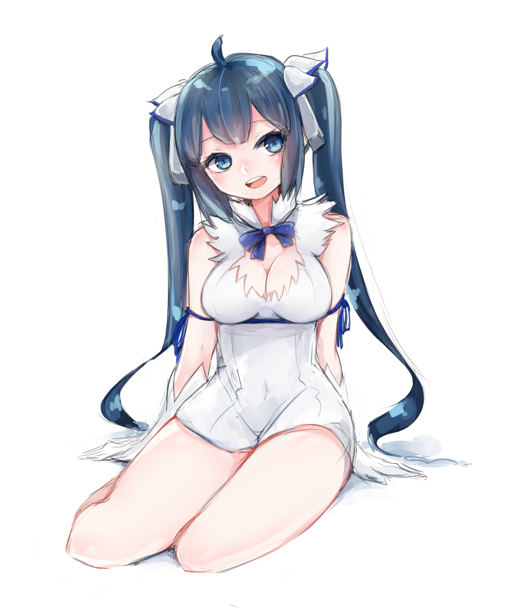 1girl, arm_ribbon, black_hair, blue_eyes, breasts, cleavage, dress, dungeon_ni_deai_wo_motomeru_no_wa_machigatteiru_darou_ka, gloves, hair_ornament, hair_ribbon, hestia_(danmachi), kjula, long_hair, rei_no_himo, ribbon, sitting, smile, solo, twintails