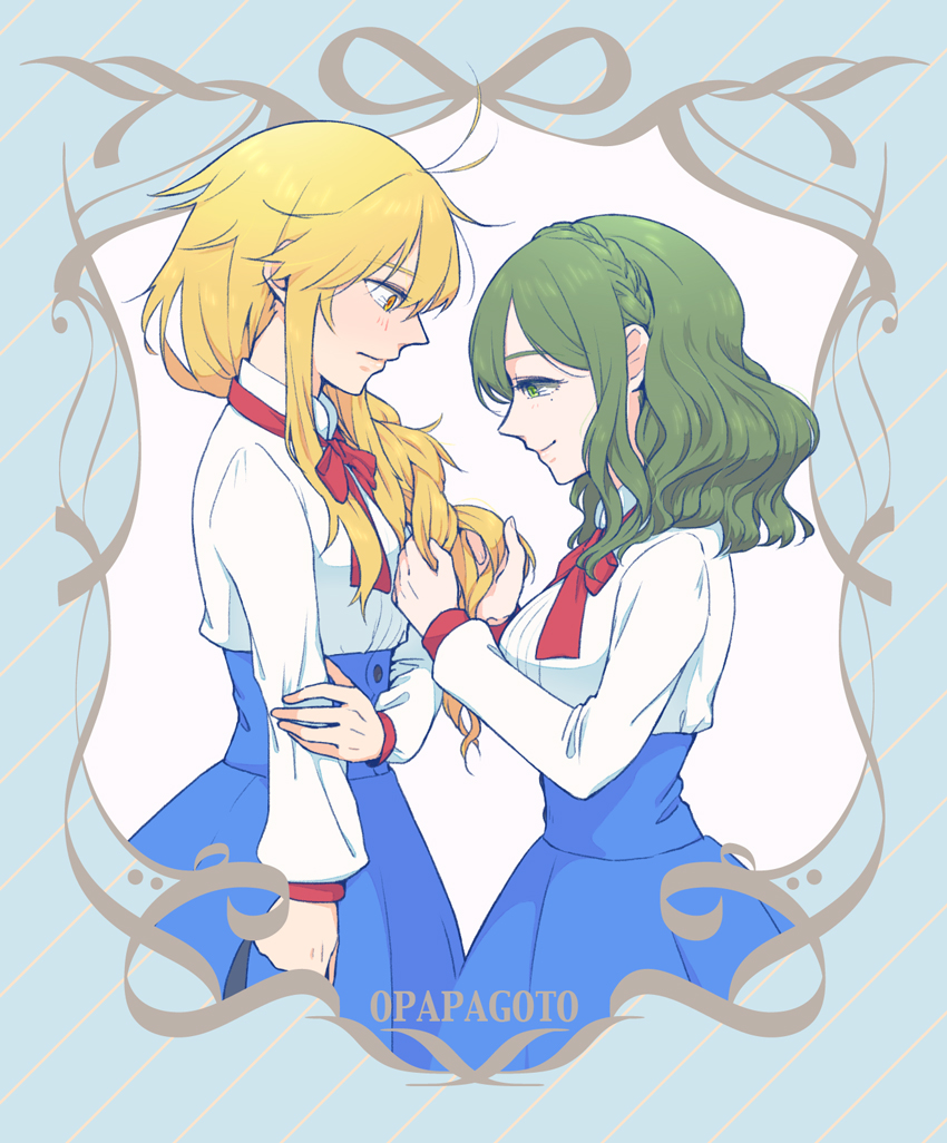 2girls, blonde_hair, blush, braiding_hair, green_hair, hairdressing, long_hair, long_sleeves