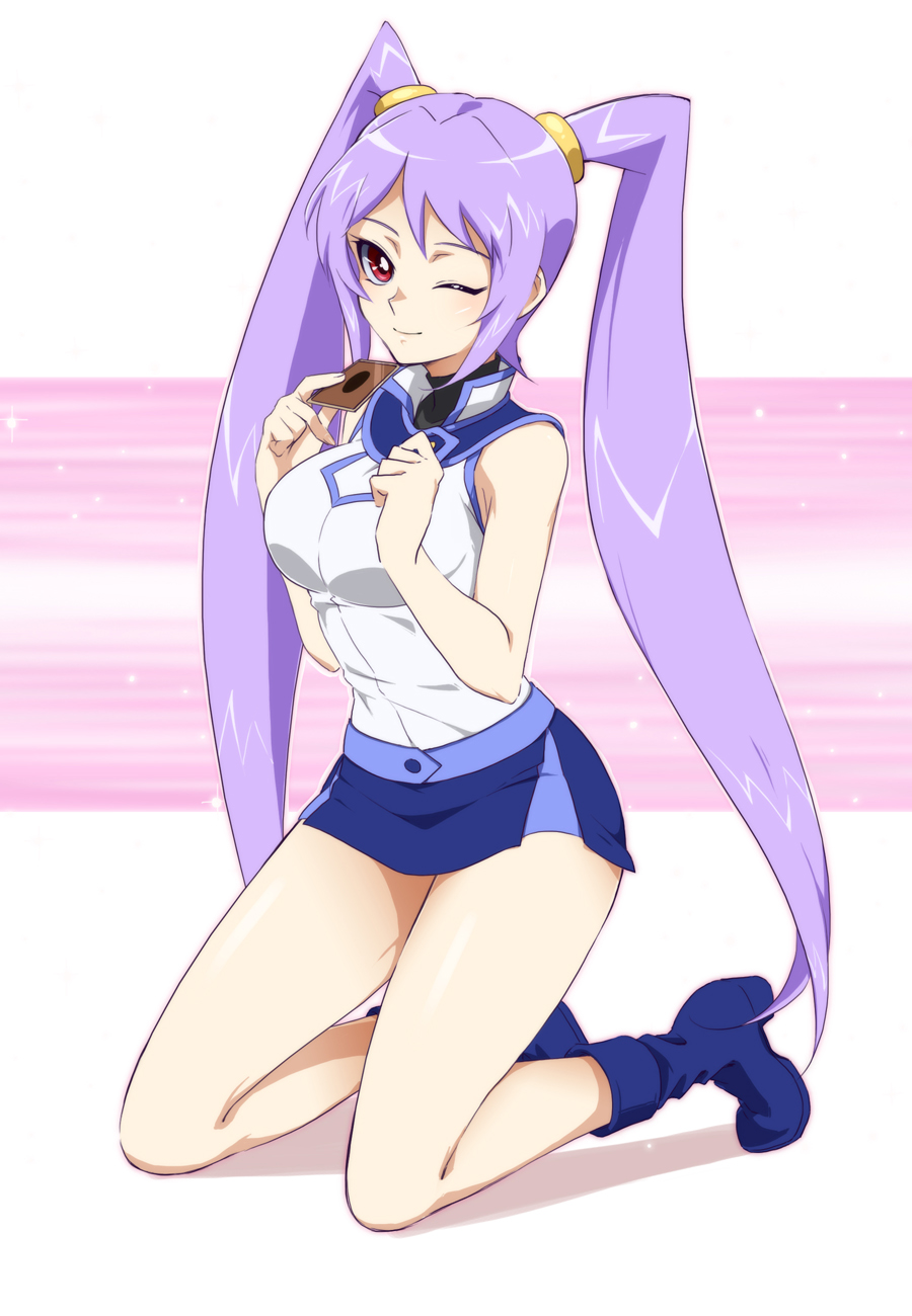 1girl, ;), bare_shoulders, blue_skirt, breasts, card, chiyo_(no3baki), fujiwara_yukino