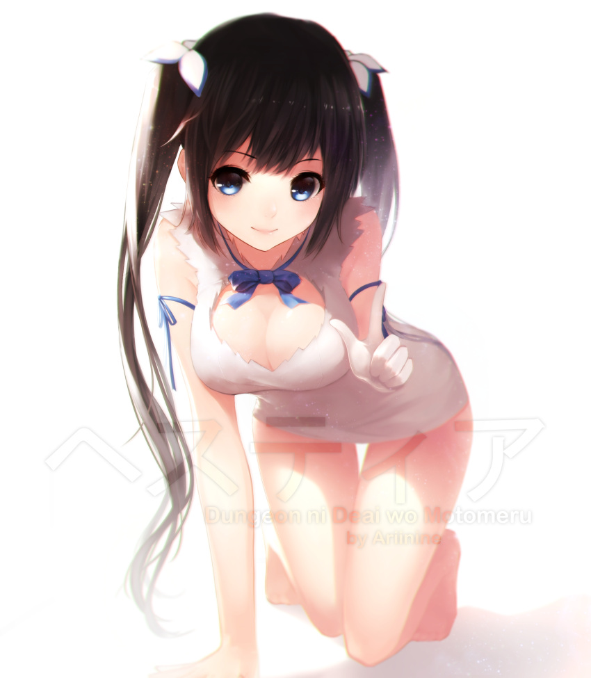 1girl, ariinine, arm_support, artist_name, barefoot, black_hair, blue_eyes, bow