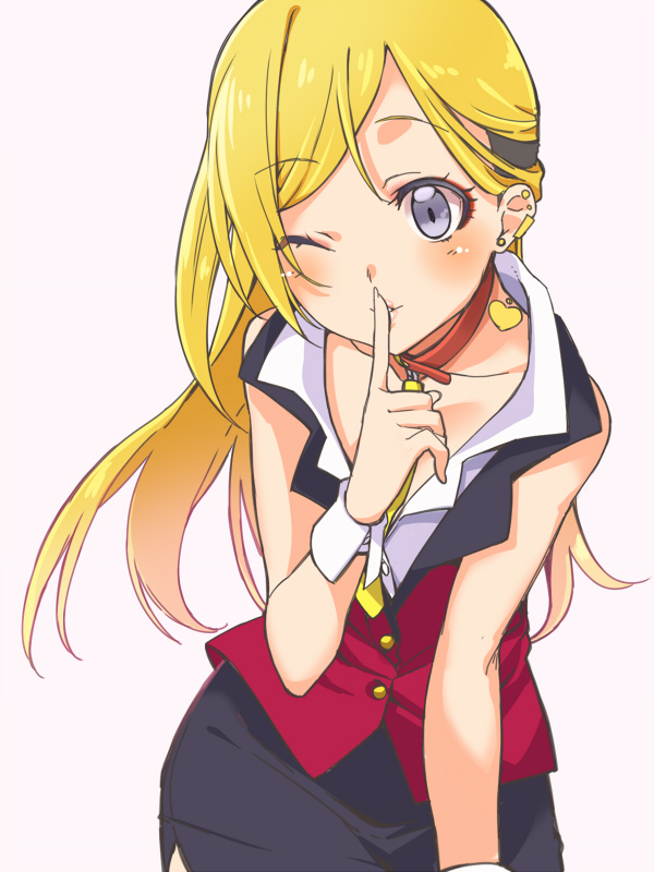 1girl, bare_shoulders, blonde_hair, breasts, cleavage, collarbone, earrings, finger_to_mouth