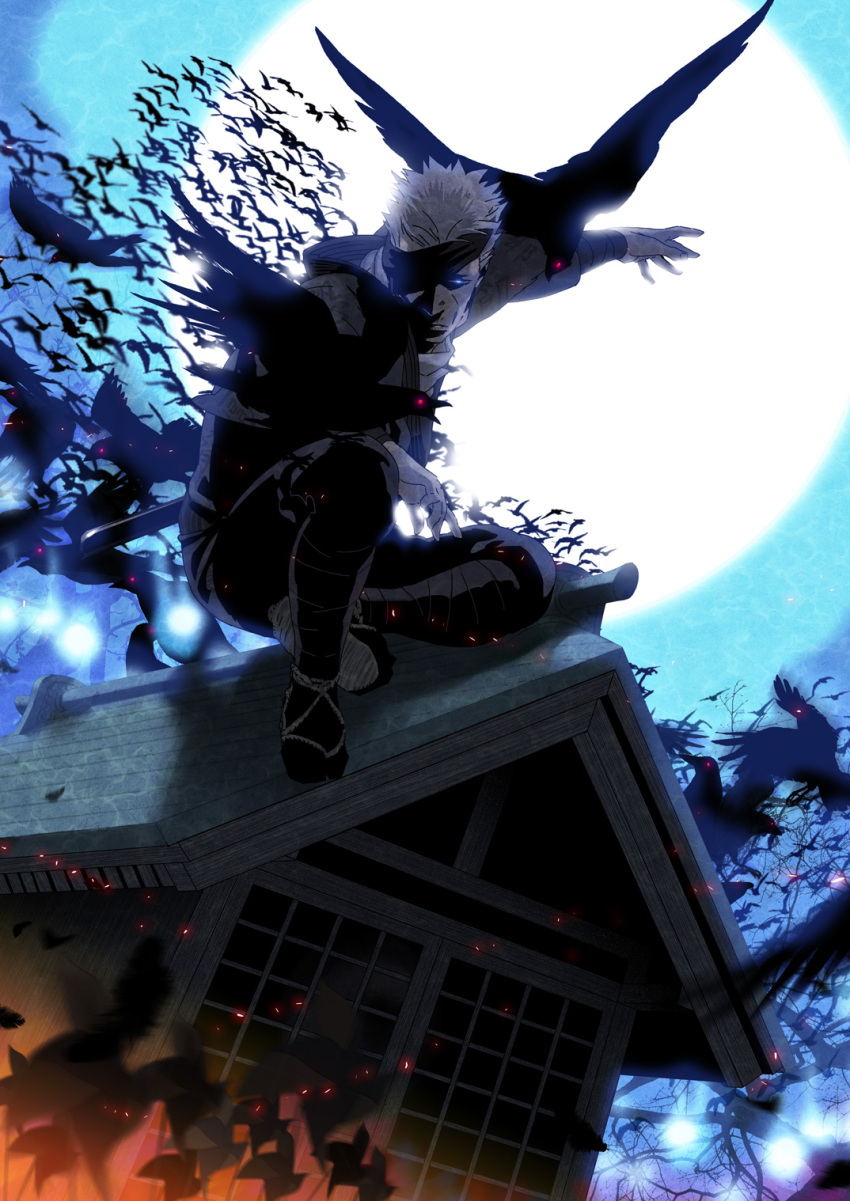 1boy, bird, bird_on_arm, bird_on_leg, blue_eyes, eyepatch, full_moon, glowing, glowing_eyes, grey_hair, highres, japanese_clothes, looking_at_viewer, male_focus, moon, nanbu_harumasa, night, red_eyes, sengoku_basara, sheath, sheathed, solo, tegoshihara_tooru, tree, weapon