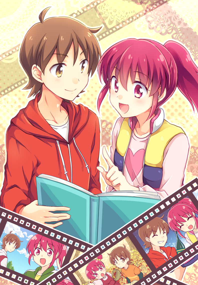 1boy, 1girl, :d, ^_^, aino_megumi, bottle, brown_eyes, brown_hair