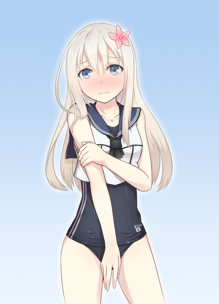 1girl, bare_back, bare_shoulders, blue_eyes, blush, cosplay, cowboy_shot, embarrassed