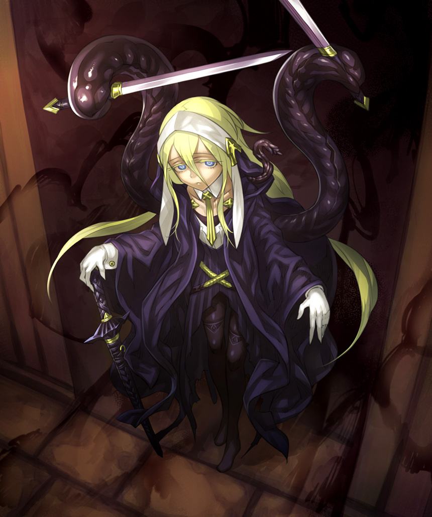 1girl, :<, black_legwear, blonde_hair, blue_eyes, detached_collar, gloves, headwear