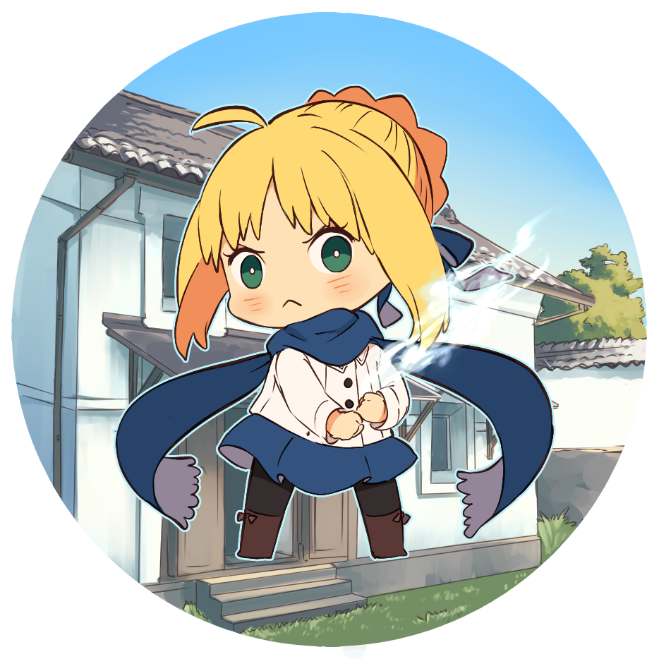 1girl, :<, ahoge, ai-wa, black_legwear, blonde_hair, chibi, fate/stay_night, fate_(series), green_eyes, hair_bun, invisible_air, pantyhose, saber, scarf