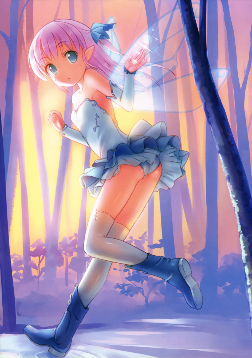 1girl, absurdres, ass, blue, blue_dress, blue_eyes, blue_legwear, blue_panties, boots, detached_sleeves, dress, fairy, fairy_wings, hair_ribbon, highres, long_hair, looking_back, miniskirt, off-shoulder_dress, original, outdoors, panties, pink_hair, ribbon, ruffled_dress, running, skirt, solo, sunlight, takoyaki_(roast), thigh-highs, tree, underwear, wings