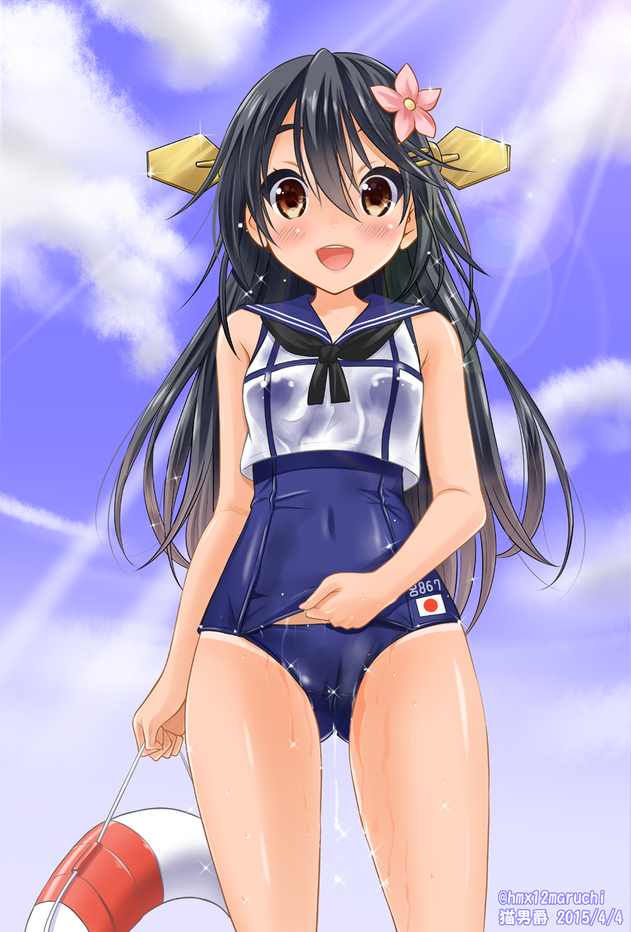 1girl, 2015, black_hair, blue_sky, blush, brown_eyes, clouds, collarbone