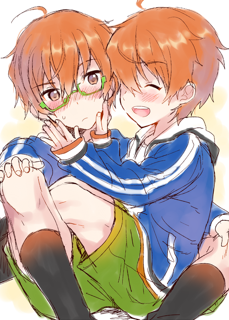2boys, ahoge, akame_(eckesachs), aoi_kyosuke, aoi_yusuke, blush, brothers, glasses