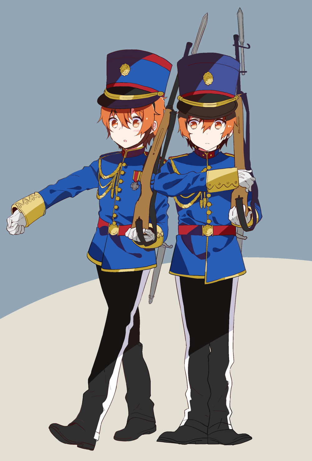 2boys, akame_(eckesachs), aoi_kyosuke, aoi_yusuke, blush, brothers, gloves, gun