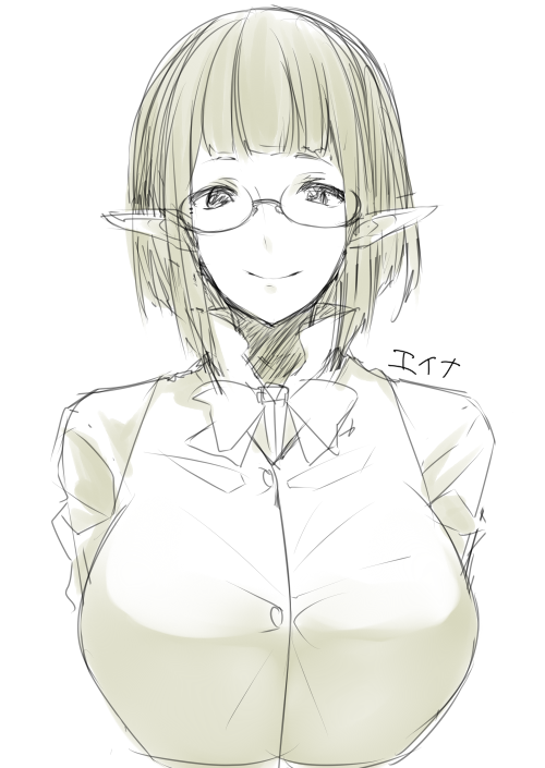 1girl, bowtie, breasts, character_name, dungeon_ni_deai_wo_motomeru_no_wa_machigatteiru_darou_ka, eina_tulle, glasses, large_breasts