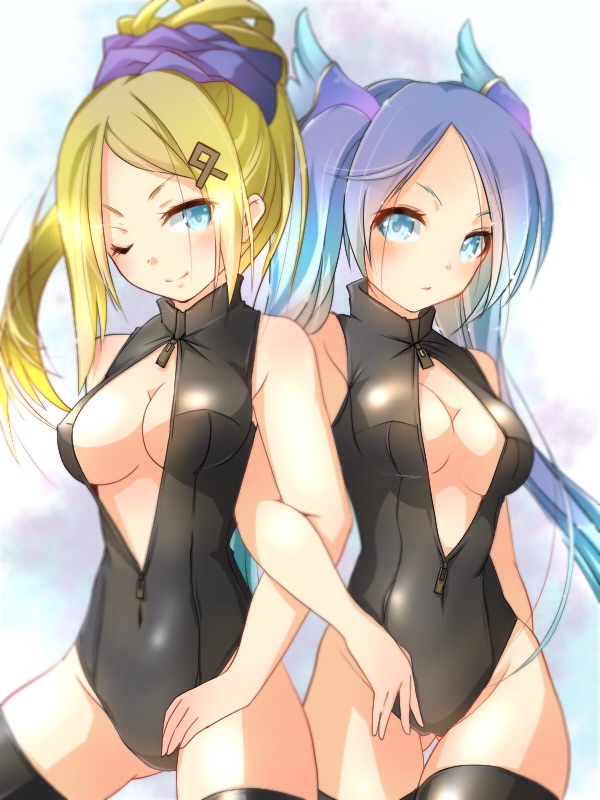 2girls, ;), black_legwear, black_swimsuit, blonde_hair, blue_eyes, blue_hair, blush, breasts, cleavage, covered_navel, front_zipper_swimsuit, hair_ornament, idunn_&amp;_idunna, locked_arms, long_hair, multiple_girls, one-piece_swimsuit, one_eye_closed, ponytail, puzzle_&amp;_dragons, smile, swimsuit, thigh-highs, twintails, unzipped, uzura_kazuhisa, zipper