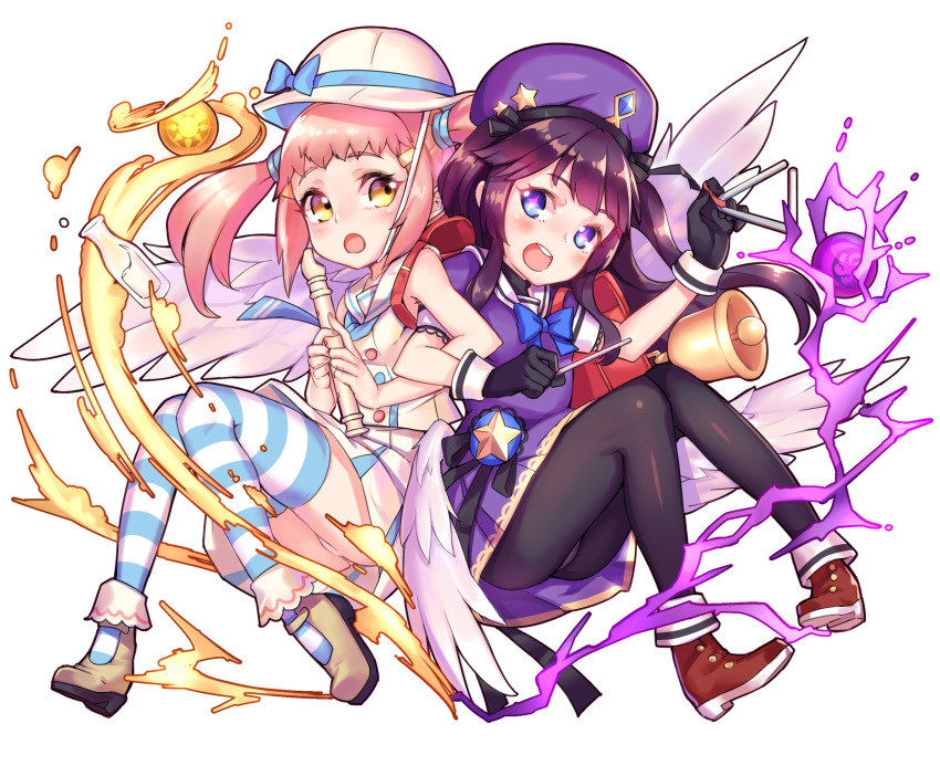 +_+, 2girls, :o, angel_wings, back-to-back, backpack, bag, bell, black_gloves, black_legwear, black_ribbon, blue_bow, blue_eyes, blush, bottle, bow, dress, feathered_wings, gloves, hair_ornament, hairclip, hat, hat_removed, headwear_removed, highres, holding, instrument, knees_together_feet_apart, locked_arms, long_hair, lumiel_(p&amp;d), multiple_girls, multiple_wings, open_mouth, orange_hair, panties, panties_under_pantyhose, pantyhose, pantyshot, purple_dress, purple_hair, puzzle_&amp;_dragons, recorder, ribbon, sailor_dress, shennai_misha, shoes, simple_background, skirt, skirt_set, star, striped, striped_legwear, symbol-shaped_pupils, thigh-highs, tinnin, triangle_(instrument), twintails, two_side_up, underwear, white_background, white_panties, white_wings, wings, yellow_eyes