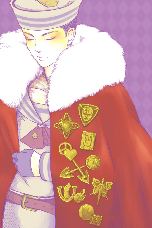 1boy, arrow, bubble, butterfly, cape, dagger, dixie_cup_hat, gloves