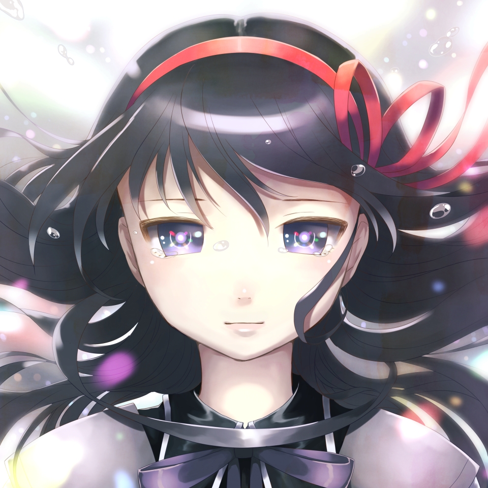 1girl, akemi_homura, black_hair, blue_eyes, blurry, long_hair, magical_girl, mahou_shoujo_madoka_magica