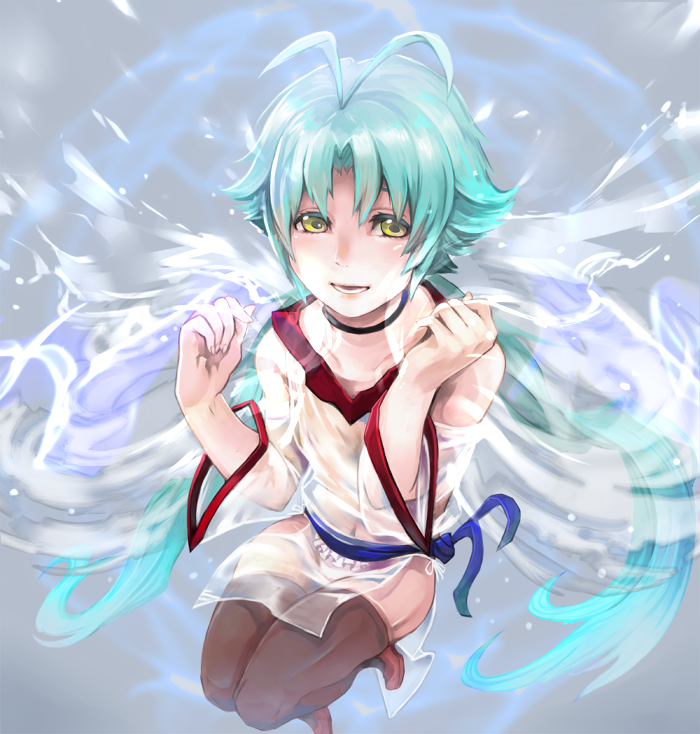 antenna_hair, blue_hair, chinchira, choker, duel_monster, effect_veiler, long_hair, open_mouth