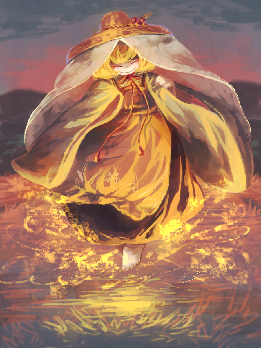 1girl, aki_minoriko, blonde_hair, crops, dancing, dress, hat, highres