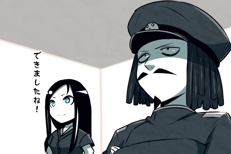 1boy, 1girl, abyssal_admiral_(kantai_collection), admiral_suwabe, black_hair, blue_eyes, comic, facial_hair, goatee, kantai_collection, kei-suwabe, military, military_uniform, mustache, naval_uniform, pale_skin, ru-class_battleship, shinkaisei-kan, translation_request, uniform