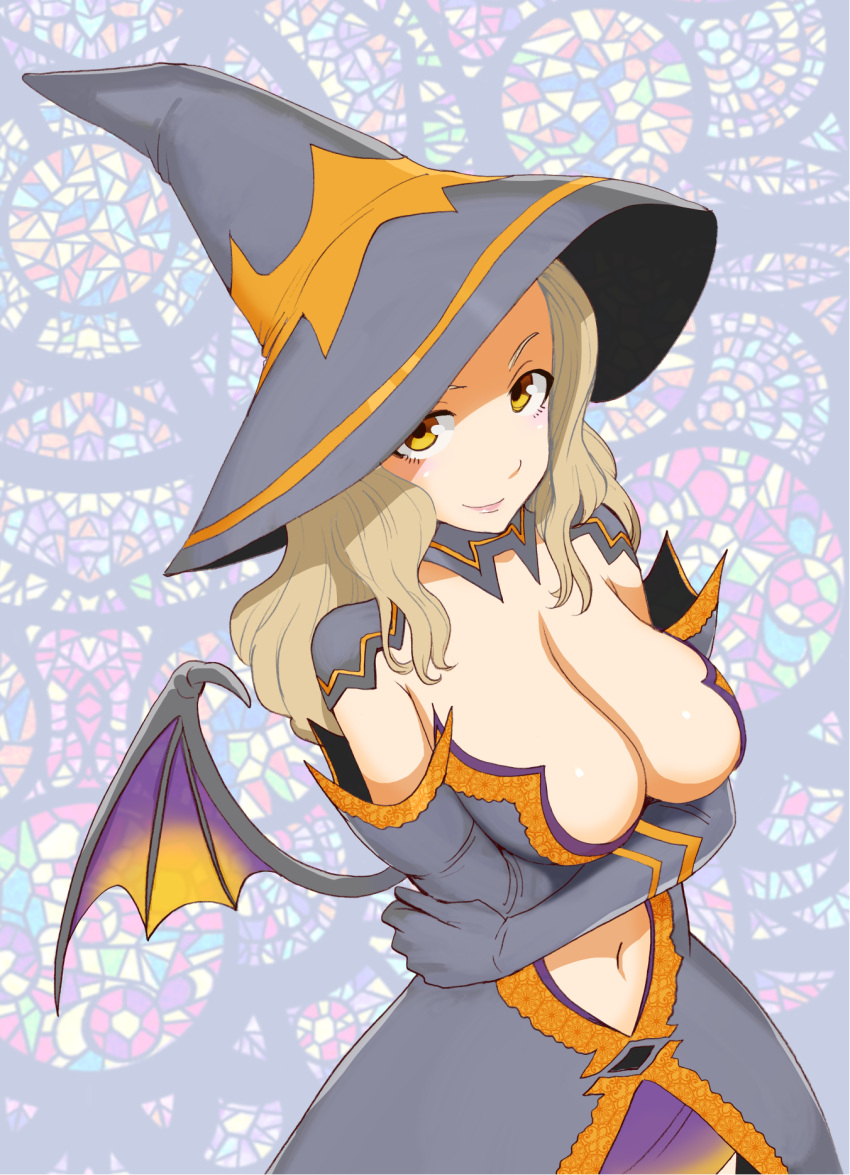 1girl, blonde_hair, breasts, brown_eyes, cleavage, crossed_arms, demon_wings, female